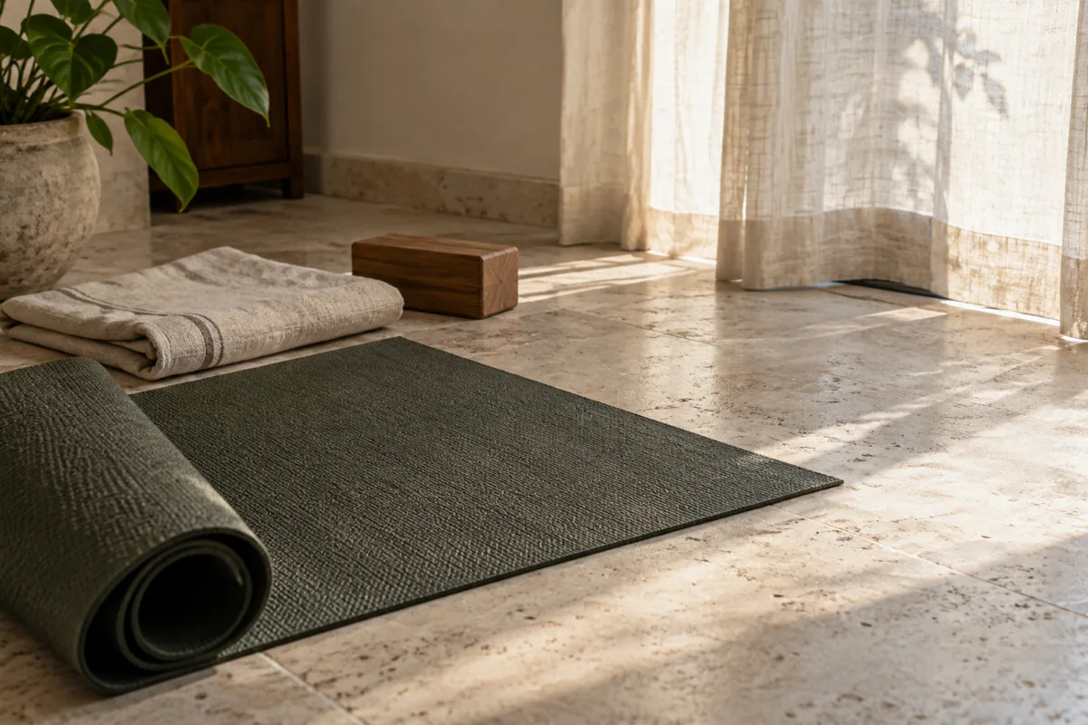 Yoga mat, folded cloth and wooden block beside a sunlit window.