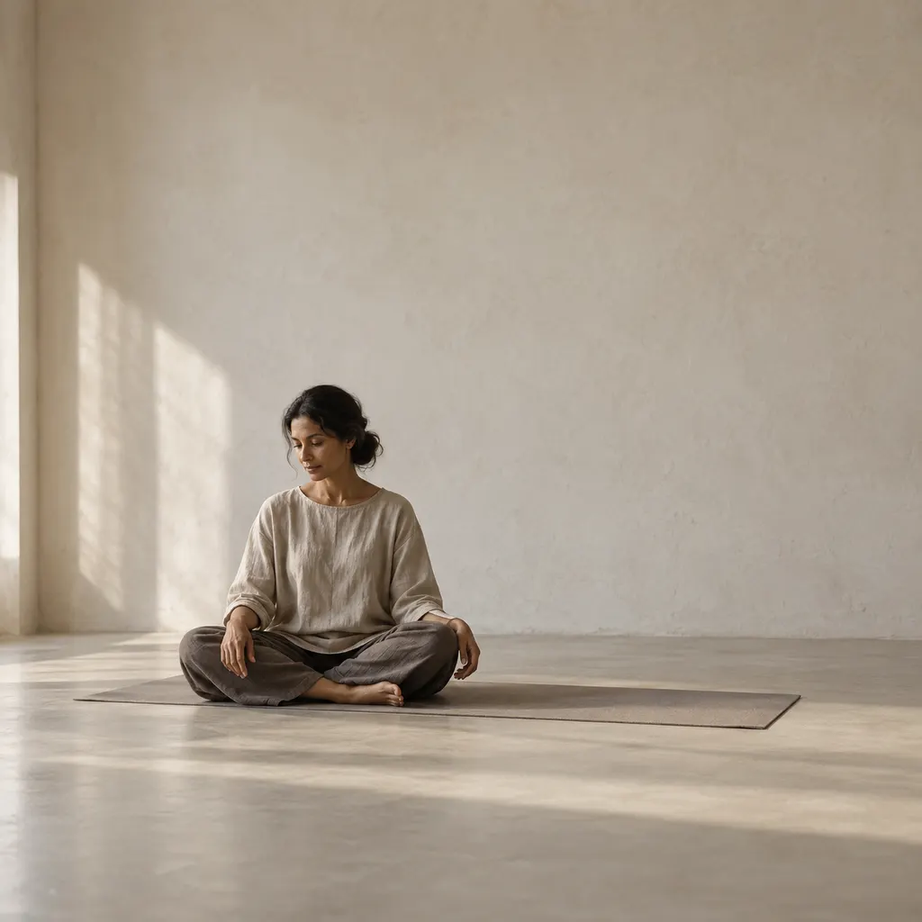 Seated figure on a mat, with hands resting on her knees.